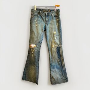 Women’s Boutique Distressed Patchwork Flare Jeans Y2K Boho Raw Hem Mid Rise